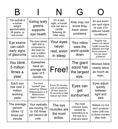 Eye Facts Bingo Card