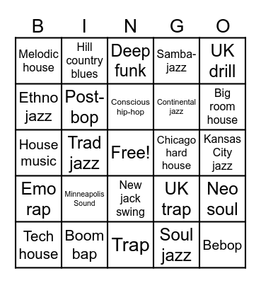 Types of Blues, Jazz, Rap and R&B (NEW) Bingo Card
