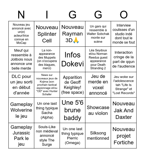 NIGGO! Bingo Card