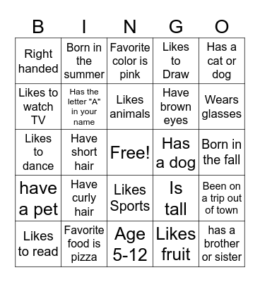 Getting To Know You! Bingo Card