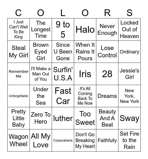 CHC Song Bingo Card