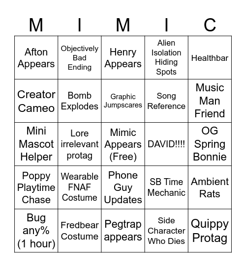Secret of the Mimic Bingo Card