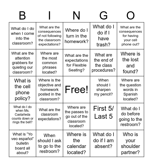 Spanish Classroom Procedures and Routines Bingo Card