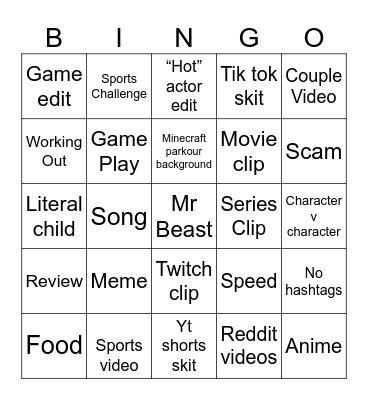 YouTube shorts Bingo Card