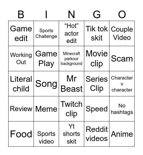 YouTube shorts Bingo Card