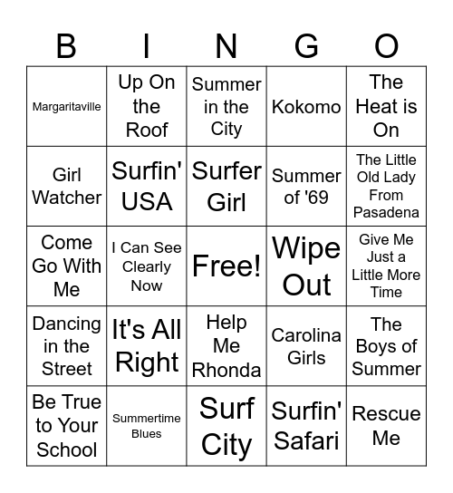 Summer/Beach Music Bingo Card