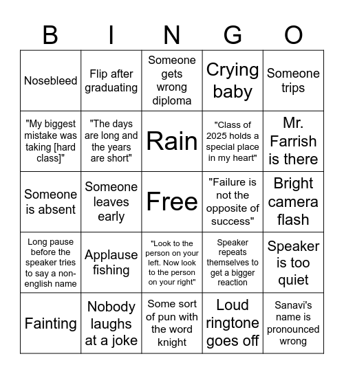 Graduation Bingo Card