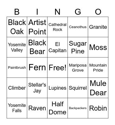 Yosemite Bingo Card