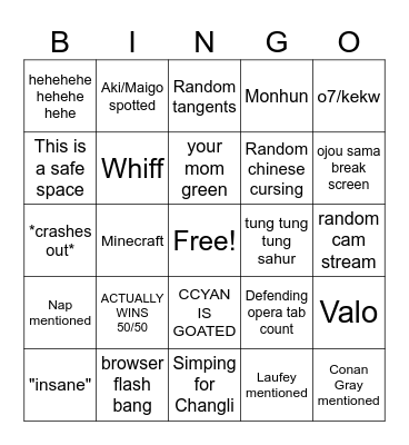 Xin :3 Bingo Card