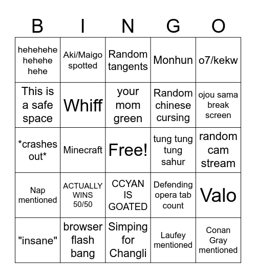 Xin :3 Bingo Card