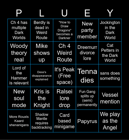 Deltarune Chapter 3+4 Predictions Bingo Card