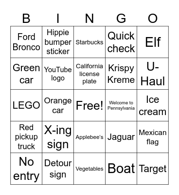 Road trip bingo Card