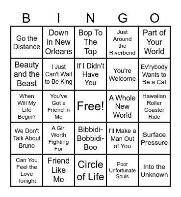Disney Songs Bingo Card