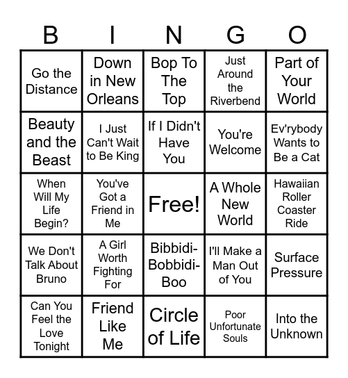 Disney Songs Bingo Card
