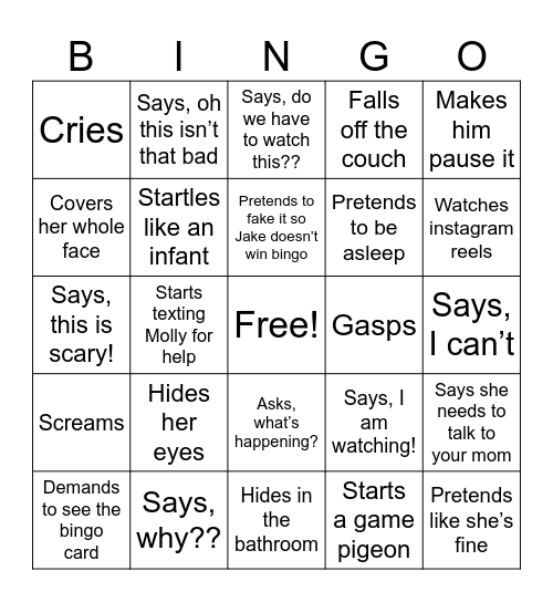 Melina watching a scary movie Bingo Card