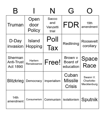 U.S. History Knowledge Bingo Card