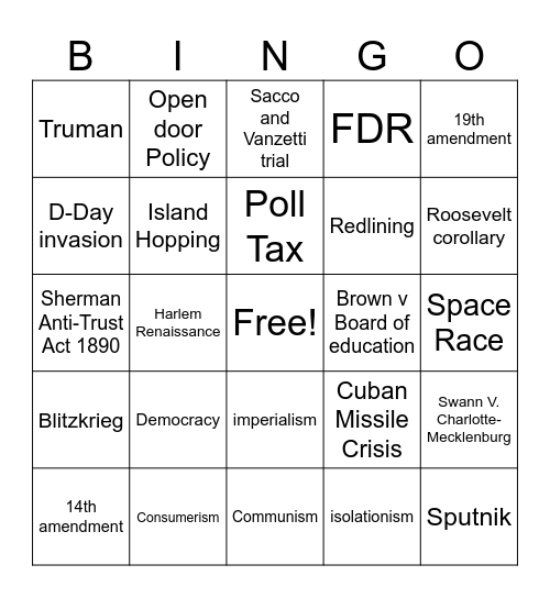 U.S. History Knowledge Bingo Card