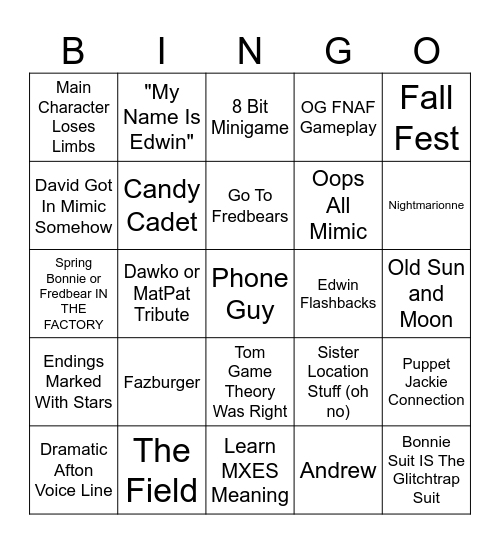 Mimic Bingo Card