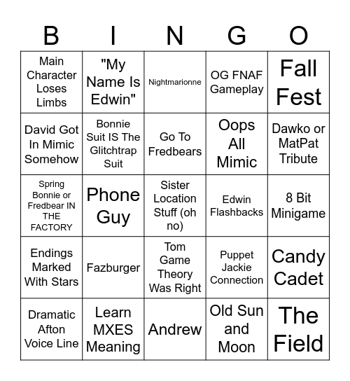 Mimic Bingo Card