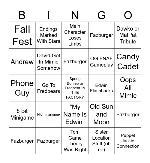Mimic Bingo Card