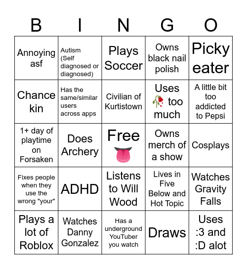 Jayden kin bingo!! Bingo Card