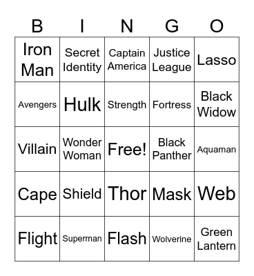 Superhero Bingo Card