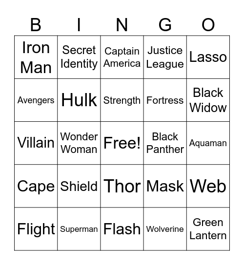 Superhero Bingo Card