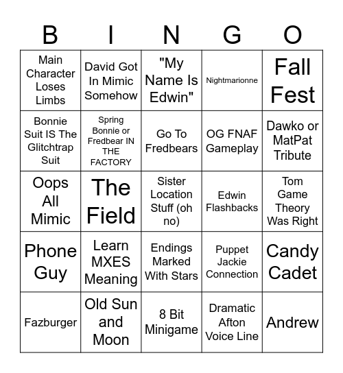 Mimic Bingo Card
