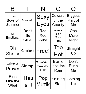 80s Music Bingo Round 1. Bingo Card