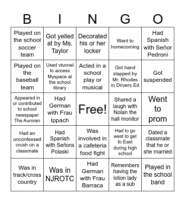 EAHS Class of 2010 Reunion Bingo sheet 1 - Then Bingo Card