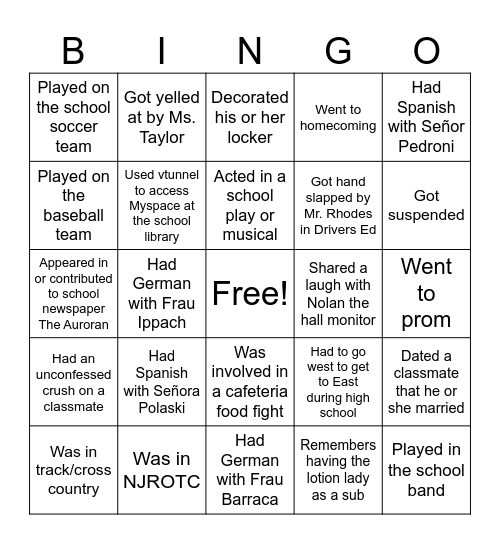 EAHS Class of 2010 Reunion Bingo sheet 1 - Then Bingo Card