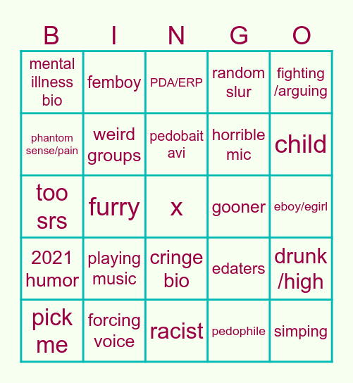 vrchat cringe bingo Card