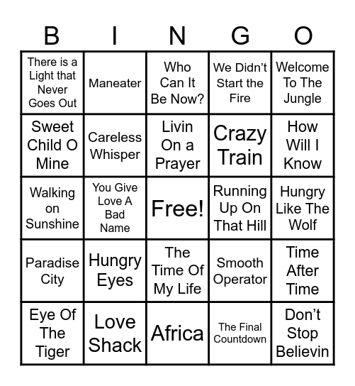 80’s Bingo Card
