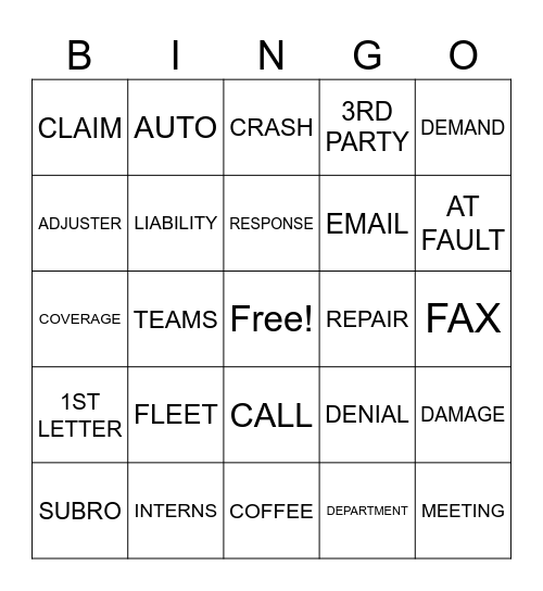 SUBROGATION BINGO Card