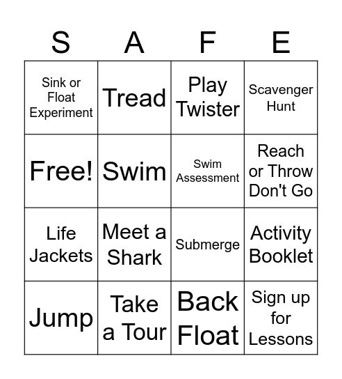 YMCA Water Safety Day Bingo Card
