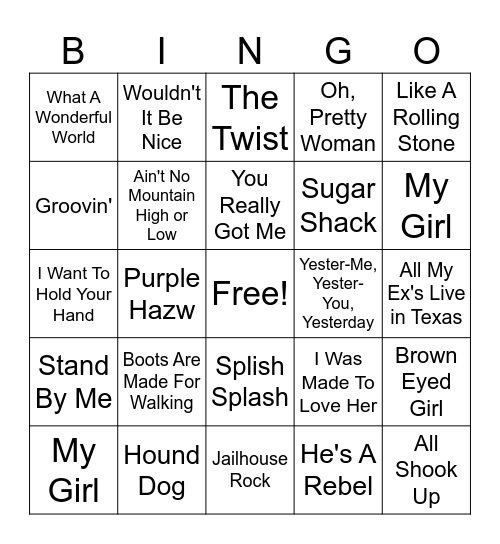 Name That Tune Bingo Card