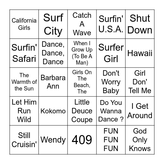 BEACH BOYS BINGO Card