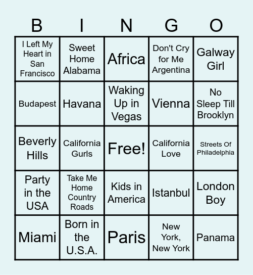 Destinations Bingo Card