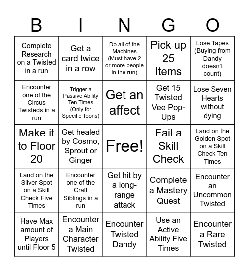 Dandy’s World Bingo Card
