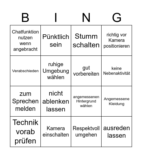 Videokonferenz - Netiquette Bingo Card