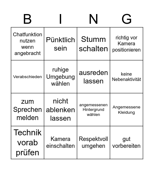 Videokonferenz - Netiquette Bingo Card