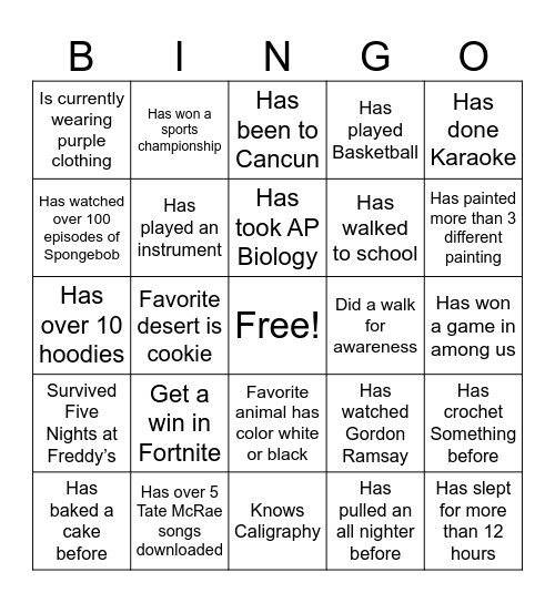 Faiza Bingo Card