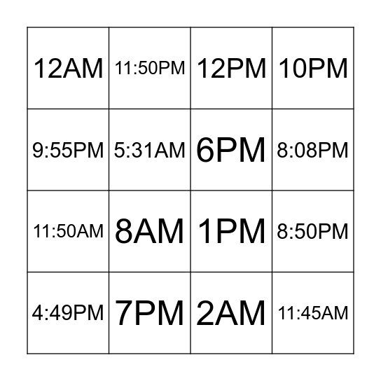 What time is it? / It is _ _ _ _ _ AM/PM Bingo Card