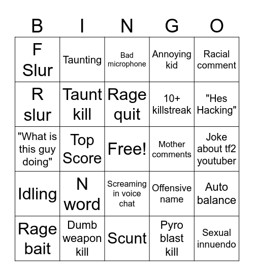 Tf2 Toxic Bingo Card