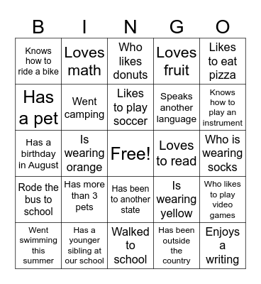 Classroom Bingo Card