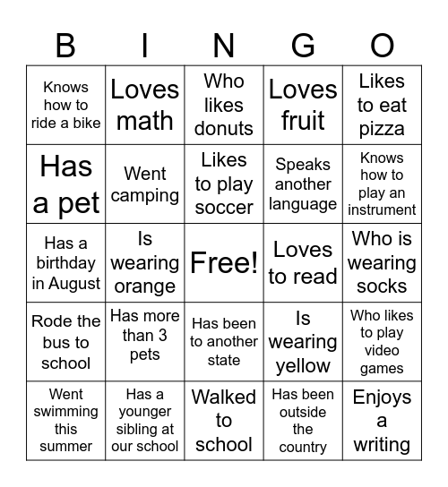 Classroom Bingo Card