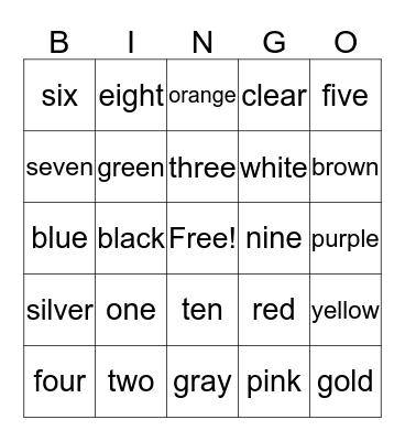 numbers and colors Bingo Card