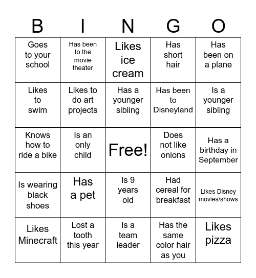 Finding Friends Bingo Card