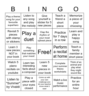 Summer Piano Practice Bingo Card