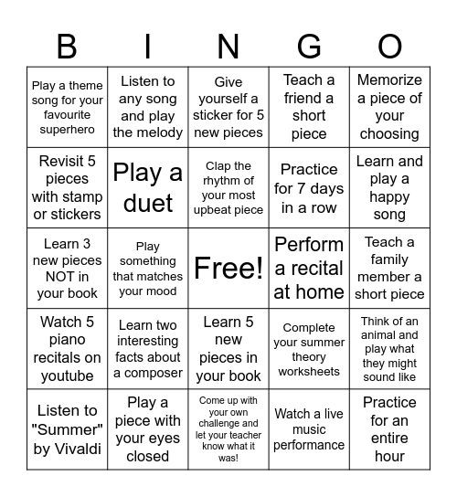 Summer Piano Practice Bingo Card